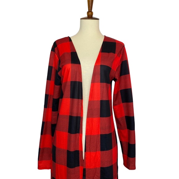 Red & Black Buffalo Plaid Long Sleeve Duster Cardigan - Picture 9 of 16